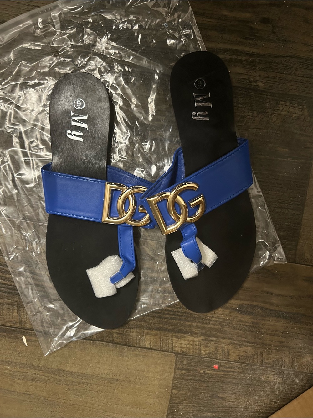 Women's Blue Thong Sandals with Gold Accent